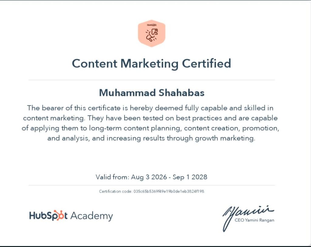 muhammad shahabas hubspot certificate image