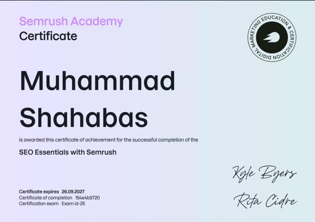 image of semrush seo certificate muhammad shahabas